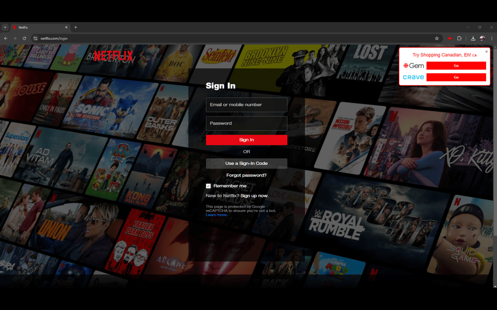 Canadian streaming suggestions shown on Netflix